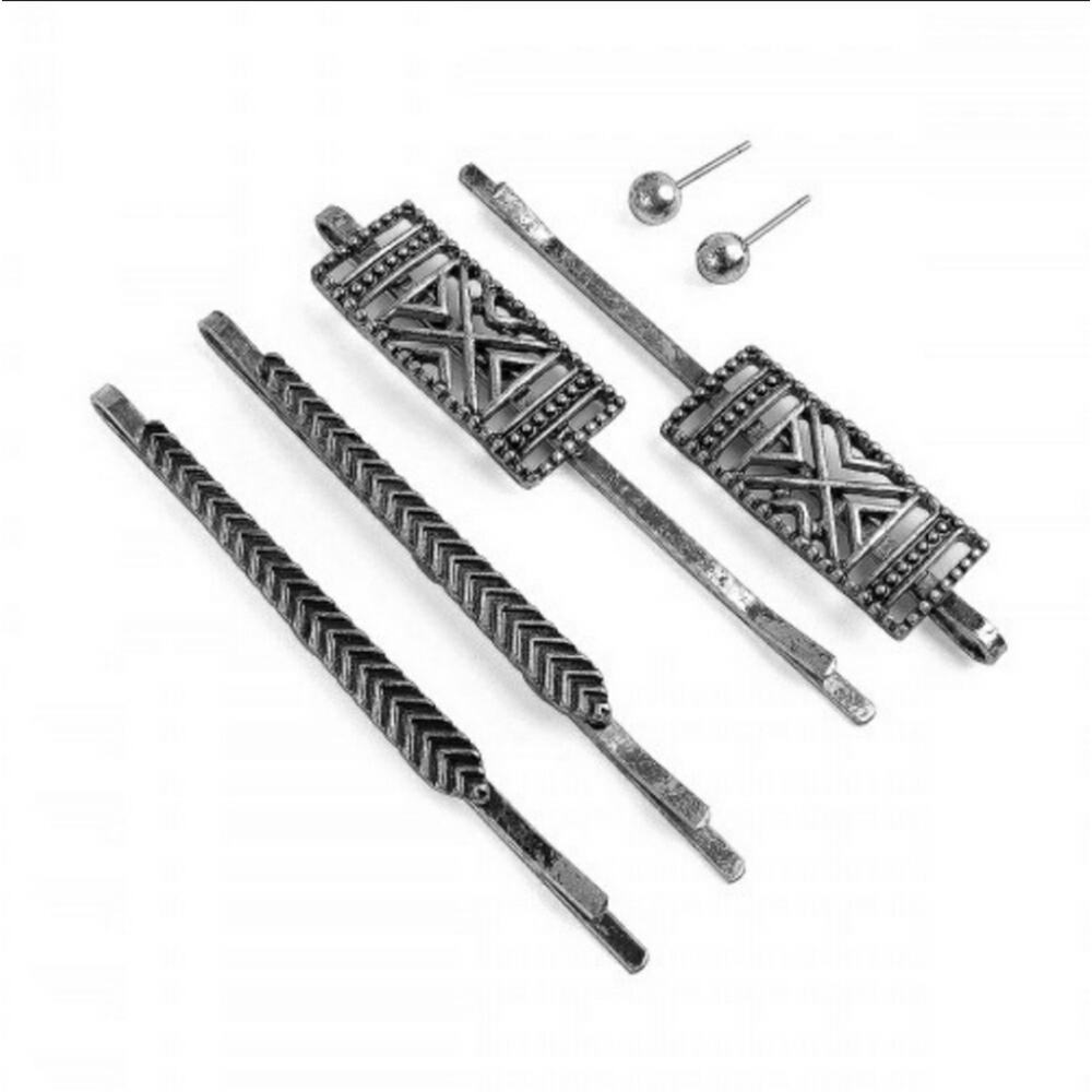 Antiqued silver set of 4 etched hair pins & pair of ball stud earrings